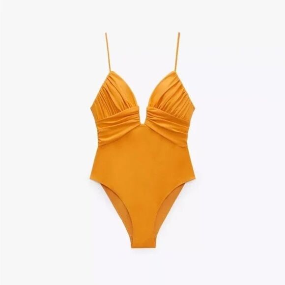 NWT Zara Sweetheart Neckline Ruched One Piece Swimsuit in Orange - Picture 2 of 9